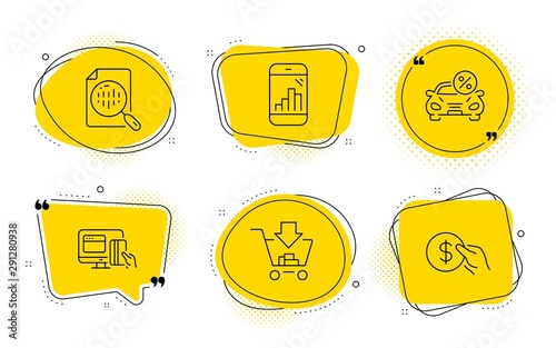 Graph phone, Analytics chart and Payment signs. Chat bubbles. Shopping, Car leasing and Online payment line icons set. Add to cart, Transport discount, Money. Mobile statistics. Finance set. Vector