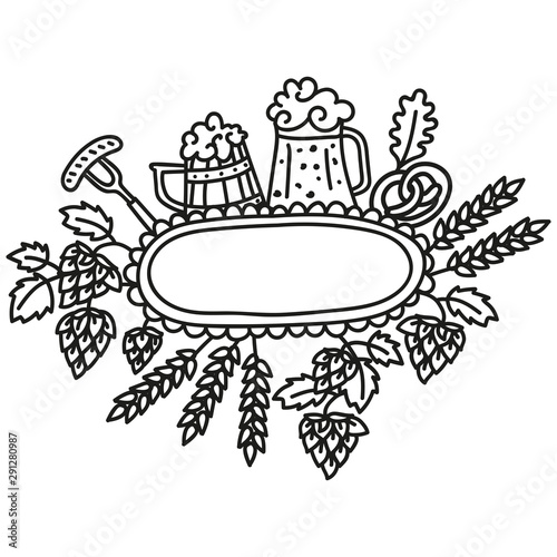 Cartoon doodle hand drawn beer banner. Brewing Festival. Brewery signboard. Funny artwork. Contour picture with hops, malt, barrel, beer mug and sausage.