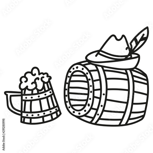 Cartoon doodle hand drawn beer banner. Brewing Festival. Brewery signboard. Funny artwork. Contour picture with barrel and beer mug.