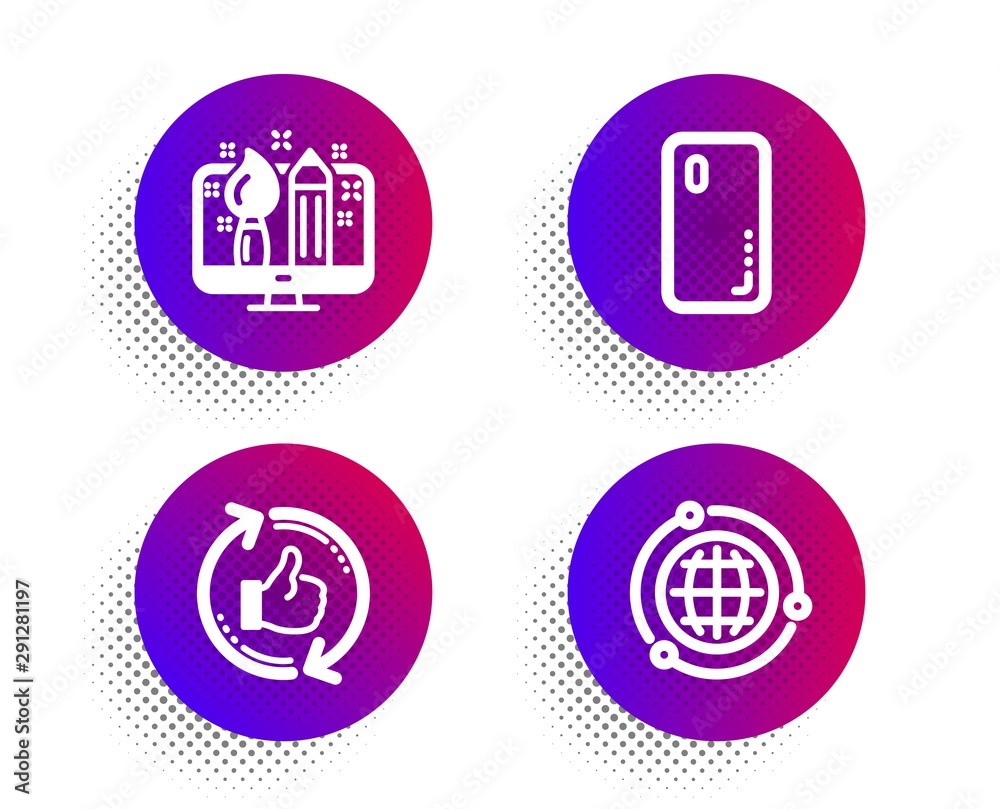 Creative design, Smartphone cover and Refresh like icons simple set. Halftone dots button. Globe sign. Designer, Phone, Thumbs up counter. Internet world. Technology set. Vector