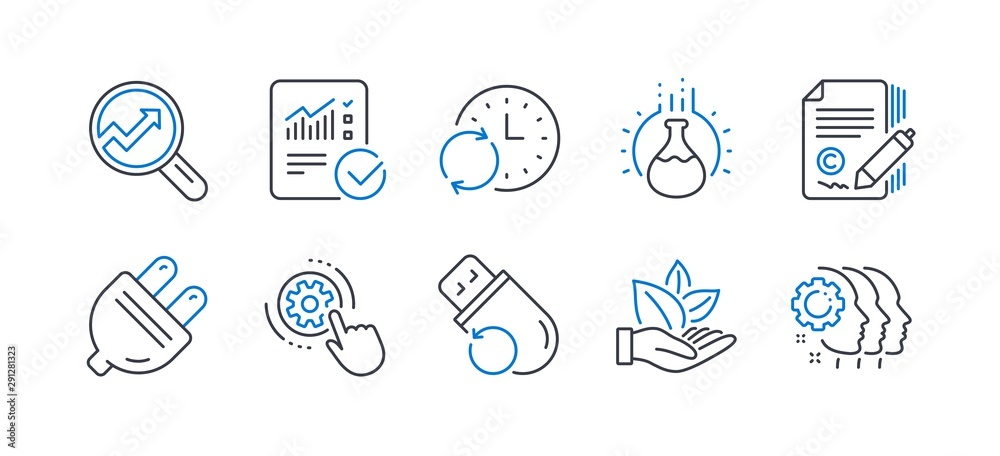 Set of Science icons, such as Organic product, Analytics, Update time, Flash memory, Checked calculation, Chemistry experiment, Electric plug, Copywriting, Cogwheel settings line icons. Vector Set of Science icons, such as Organic product, Analytics, Update time, Flash memory, Checked calculation, Chemistry experiment, Electric plug, Copywriting, Cogwheel settings line icons. Vector