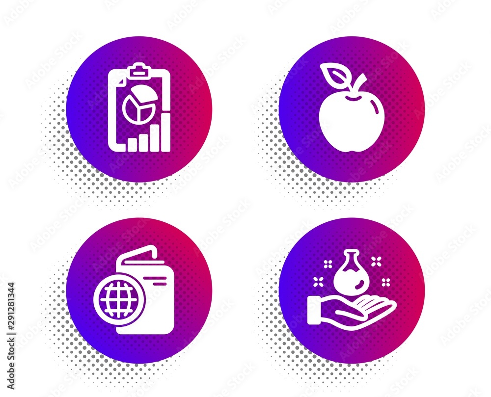 Travel passport, Report and Apple icons simple set. Halftone dots button. Chemistry lab sign. Trip document, Presentation chart, Fruit. Laboratory. Business set. Vector Travel passport, Report and Apple icons simple set. Halftone dots button. Chemistry lab sign. Trip document, Presentation chart, Fruit. Laboratory. Business set. Vector