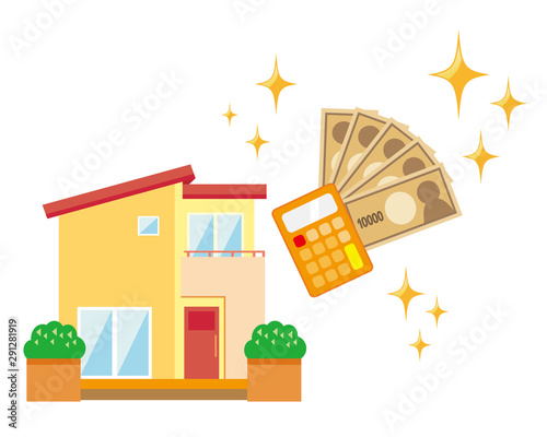 住宅　家　イラスト　一軒家　マイホーム　 シンプル　お金　電卓