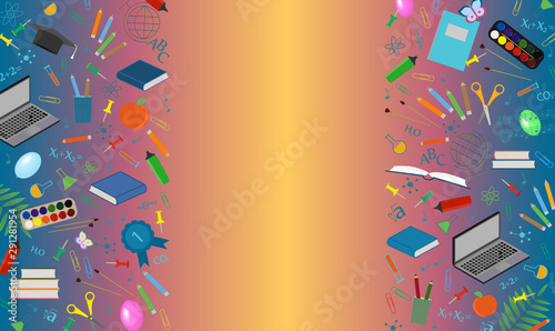 Blank poster with school subjects and a place for inscription. Colorful background for September 1, the day of knowledge, Happy Teacher's Day.  Colored cover with school symbols, flat design. Vector 