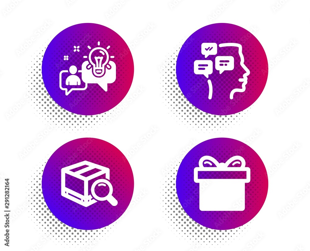 Search package, Messages and Idea icons simple set. Halftone dots button. Gift box sign. Tracking service, Notifications, Solution. Present package. Business set. Vector Search package, Messages and Idea icons simple set. Halftone dots button. Gift box sign. Tracking service, Notifications, Solution. Present package. Business set. Vector