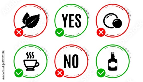 Mint leaves, Peas and Espresso icons simple set. Yes no check box. Whiskey bottle sign. Mentha herbal, Vegetarian seed, Hot drink. Scotch alcohol. Food and drink set. Mint leaves icon. Vector