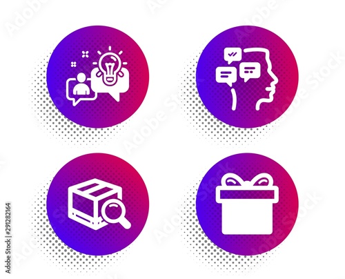 Search package, Messages and Idea icons simple set. Halftone dots button. Gift box sign. Tracking service, Notifications, Solution. Present package. Business set. Vector