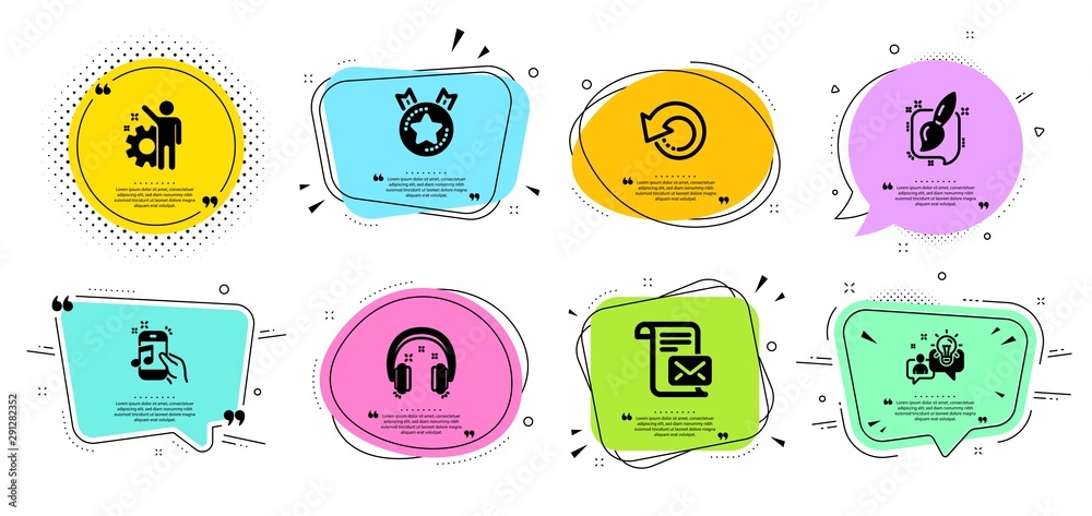 Music phone, Ranking star and Painting brush line icons set. Chat bubbles  with quotes. Idea, Recovery data and Mail letter signs. Employee,  Headphones symbols. Radio sound, Winner medal. Vector Stock Vector