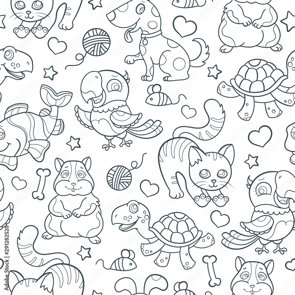 Fototapeta premium Seamless pattern with cute Pets, dark outlines on white background