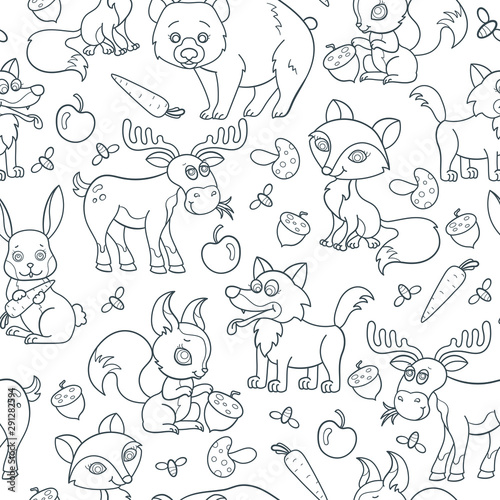 Seamless pattern with cartoon forest animals, contoured dark beasts on white background