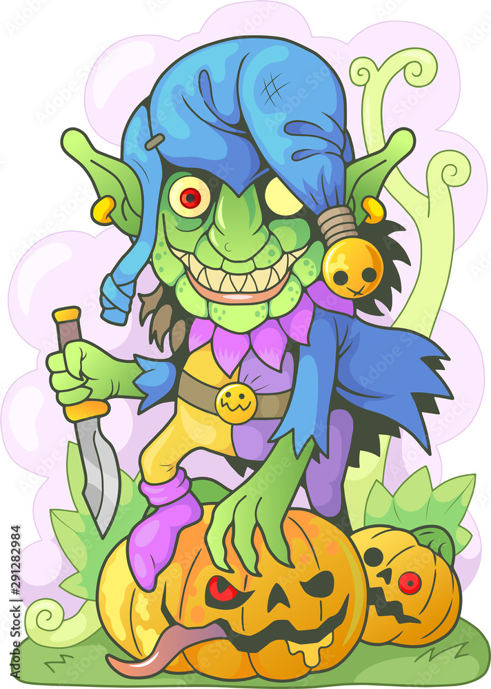 cartoon angry goblin with a knife in his hand, funny illustration cartoon angry goblin with a knife in his hand, funny illustration