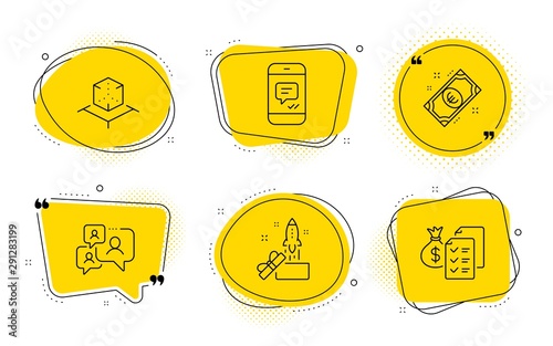 Message, Innovation and Accounting wealth signs. Chat bubbles. Augmented reality, Support chat and Euro money line icons set. Virtual reality, Comment bubble, Cash. Phone messenger. Vector