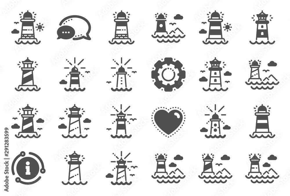 Lighthouse icons. Searchlight tower with seagull for marine navigation of ships. Sea pharos, lighthouse or beacon icons. Ocean waves, nautical building, marine house. Quality set. Vector Lighthouse icons. Searchlight tower with seagull for marine navigation of ships. Sea pharos, lighthouse or beacon icons. Ocean waves, nautical building, marine house. Quality set. Vector