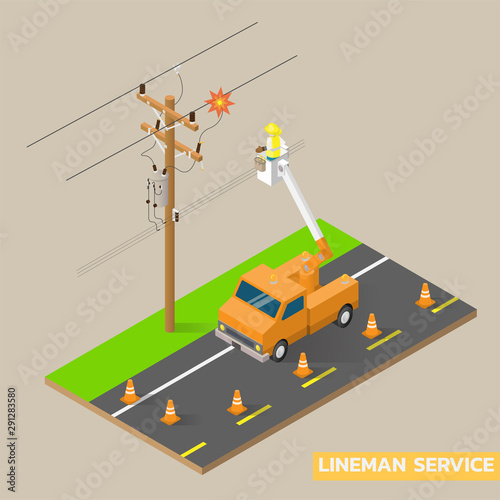 Linemen repairing electricity distribution lines that supply power to homes. Use aerial device and rubber gloves when working.