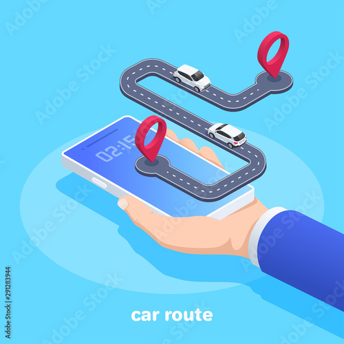 isometric vector image on a blue background, business concept, man holds in his palm a smartphone on the screen of which the road with a car and a location sign, car route