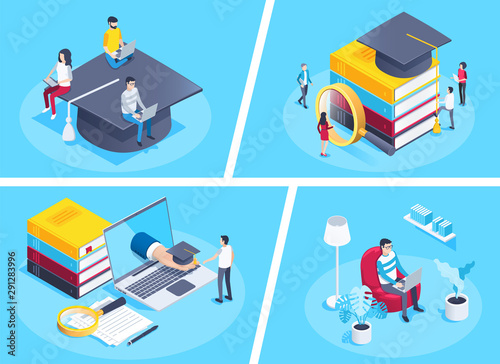 isometric vector image on a blue background, young people look at a stack of multi-colored books at the top of which is a bachelor's hat, college and university, students in the library