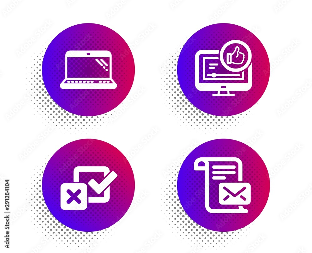 Laptop, Checkbox and Like video icons simple set. Halftone dots button. Mail letter sign. Computer, Survey choice, Thumbs up. Read e-mail. Technology set. Classic flat laptop icon. Vector Laptop, Checkbox and Like video icons simple set. Halftone dots button. Mail letter sign. Computer, Survey choice, Thumbs up. Read e-mail. Technology set. Classic flat laptop icon. Vector