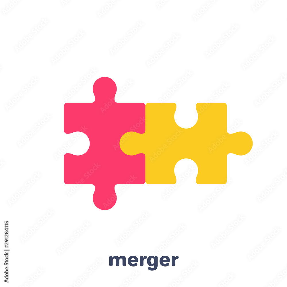 flat vector image on a white background, business icon, two pieces of a puzzle merged, merging in a business flat vector image on a white background, business icon, two pieces of a puzzle merged, merging in a business
