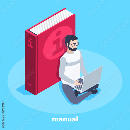 isometric vector image on a blue background, business concept, a man in glasses sits near a big book and reads information in a laptop