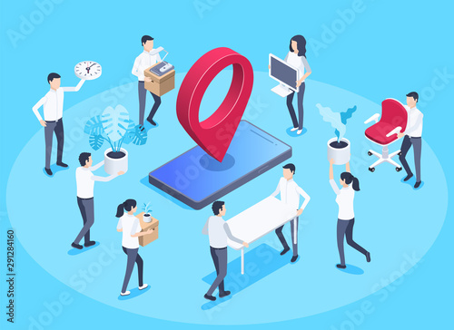 isometric vector image on a blue background, business concept, men and women carry office stuff, moving the office to another place