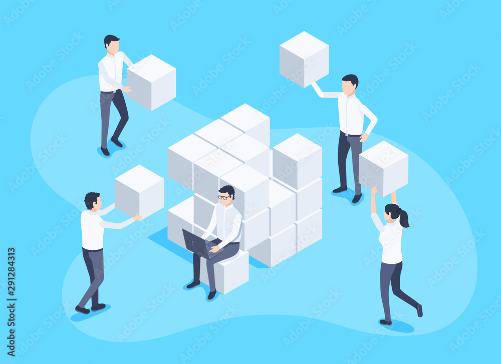 isometric vector image on a blue background, business concept, men and women with cubes work as a team.