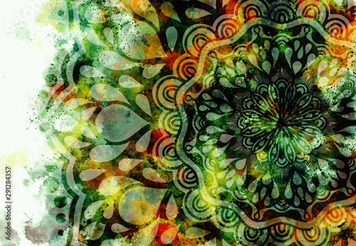 Abstract mandala graphic design and watercolor digital art painting for ancient geometric concept background