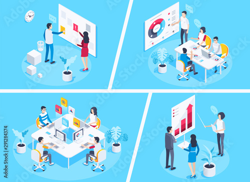 isometric vector image on a blue background, young people work in the office at the same table, teamwork for success