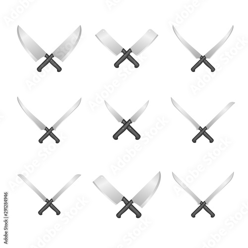 Realistic Detailed 3d Butcher Meat Knives Cross Set. Vector
