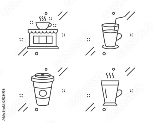 Cocktail, Takeaway coffee and Coffee shop line icons set. Latte sign. Fresh beverage, Hot latte drink, Tea house. Tea glass mug. Food and drink set. Line cocktail outline icon. Vector