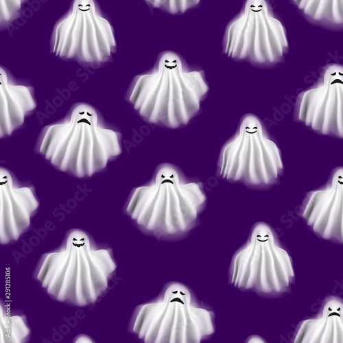 Realistic Detailed 3d Characters Funny Ghosts Seamless Pattern Background . Vector