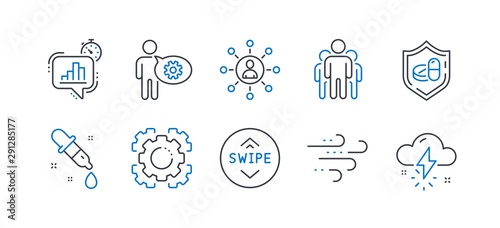 Set of Science icons, such as Group, Windy weather, Medical tablet, Networking, Swipe up, Seo gear, Statistics timer, Cogwheel, Chemistry pipette, Thunderstorm weather line icons. Vector