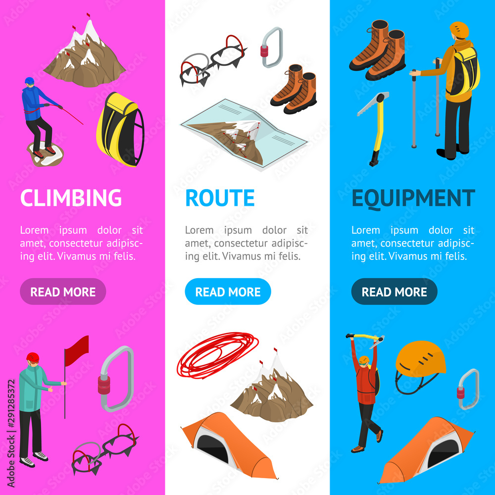 Color Mountaineering Signs 3d Banner Vecrtical Set Isometric View. Vector