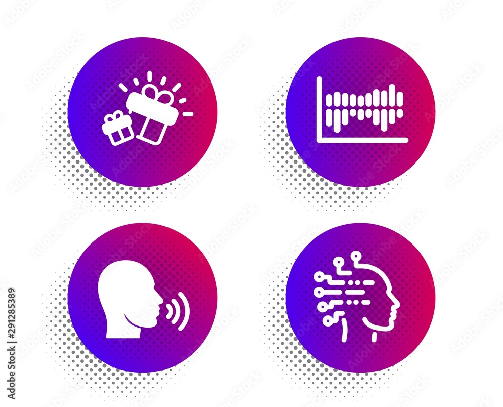 Column diagram, Human sing and Gift icons simple set. Halftone dots button. Artificial intelligence sign. Sale statistics, Talk, Marketing box. Mind intellect. Business set. Vector