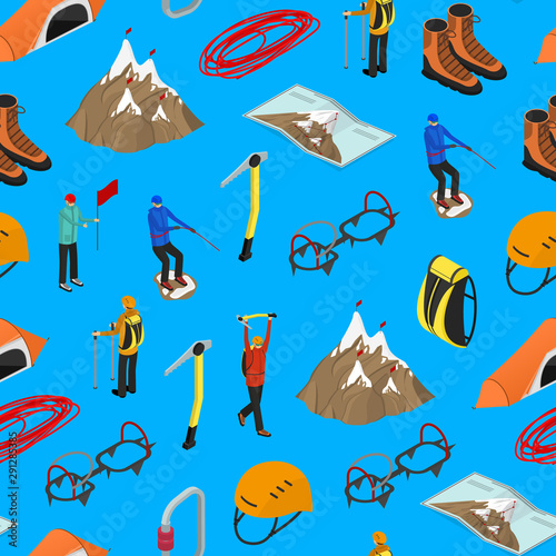 Color Mountaineering Signs 3d Seamless Pattern Background Isometric View. Vector