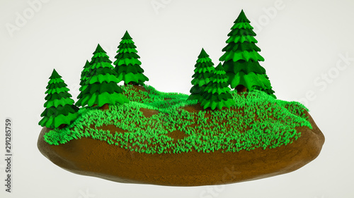 stylized three-dimensional models of fir trees on a brown island. 3d rendering illustration