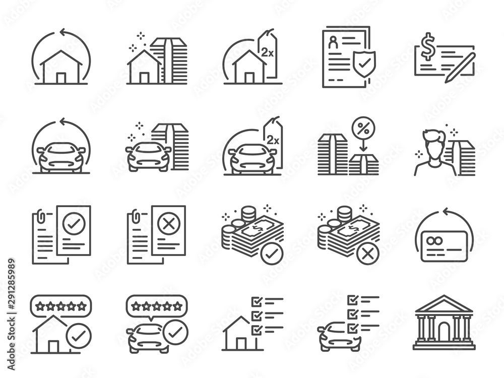 Refinance line icon set. Included icons as mortgage, loan, interest rate, asset, home, car and more. Refinance line icon set. Included icons as mortgage, loan, interest rate, asset, home, car and more.