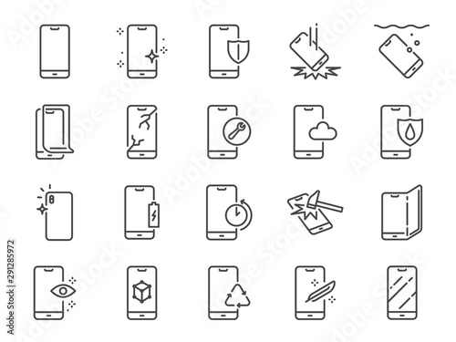 Smartphone protection line icon set. Included icons as city  mobile phone, filter, screen protector, waterproof, quality and more.