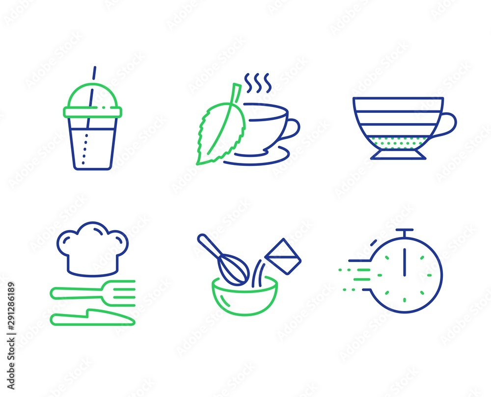 Cappuccino, Cooking whisk and Mint tea line icons set. Coffee cocktail, Food and Cooking timer signs. Coffee cup, Cutlery, Mentha beverage. Milkshake. Food and drink set. Vector