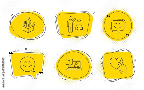 Faq, Smile chat and Hold heart signs. Chat bubbles. Smile face, Algorithm and Augmented reality line icons set. Chat, Developers job, Virtual reality. Web support. People set. Vector