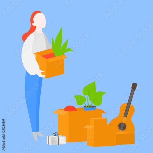 Cartoon woman carry cardboard box. Moving to flat. Girl unpacking package. Move to new house. Packing for shipping