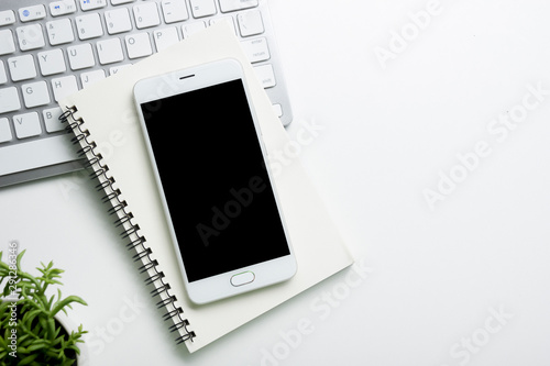 Office desk table with supplies. Flat lay Business workplace and objects. Top view. Copy space for text