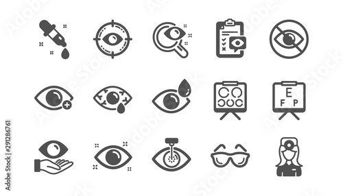 Optometry, Eye doctor icons. Medical laser surgery, glasses and eyedropper. Pink eye, Cataract surgery and allergy icons. Optician board, oculist chart. Classic set. Quality set. Vector