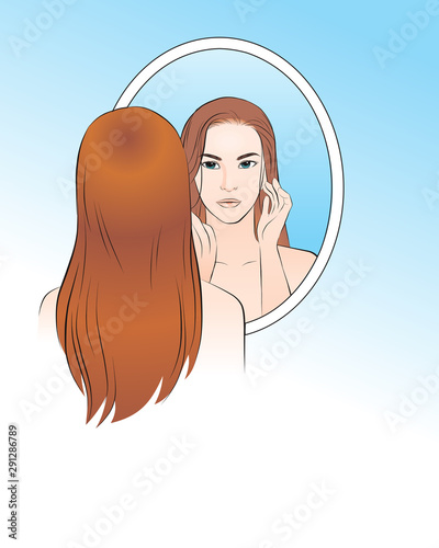 A woman looking on her face skin in the mirror and look worried or concern about the Aging skin problem. vector illustration isolated cartoon hand drawn