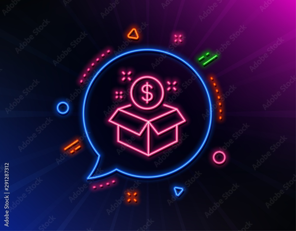 Post package line icon. Neon laser lights. Paid service sign. Glow laser speech bubble. Neon lights chat bubble. Banner badge with post package icon. Vector Post package line icon. Neon laser lights. Paid service sign. Glow laser speech bubble. Neon lights chat bubble. Banner badge with post package icon. Vector