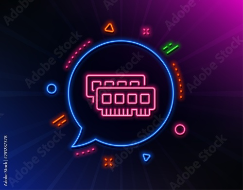 Ram line icon. Neon laser lights. Computer random-access memory component sign. Glow laser speech bubble. Neon lights chat bubble. Banner badge with ram icon. Vector