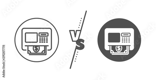 Money withdraw sign. Versus concept. ATM line icon. Payment machine symbol. Line vs classic aTM icon. Vector