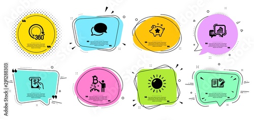 Messenger, 360 degrees and Bitcoin project line icons set. Chat bubbles with quotes. Graph chart, Engineering documentation and Sun energy signs. Atm service, Loyalty points symbols. Vector