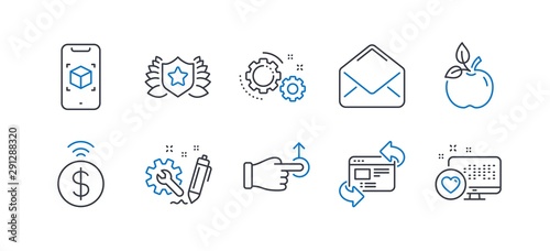 Set of Business icons, such as Mail, Eco food, Refresh website, Drag drop, Augmented reality, Engineering, Gears, Contactless payment, Laureate, Heart line icons. E-mail, Organic tested. Vector