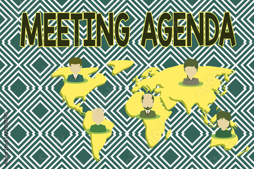 Text sign showing Meeting Agenda. Business photo showcasing items that participants hope to accomplish at a meeting Connection multiethnic persons all over world. Global business earth map