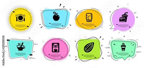 Water cooler, Apple and Almond nut line icons set. Chat bubbles with quotes. Hamburger, Restaurant food and Tea cup signs. Takeaway, Coffee maker symbols. Office drink, Fruit. Vector